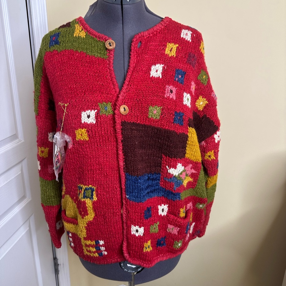 Hand-Knit Red Patterned Women's Cardigan Sweater